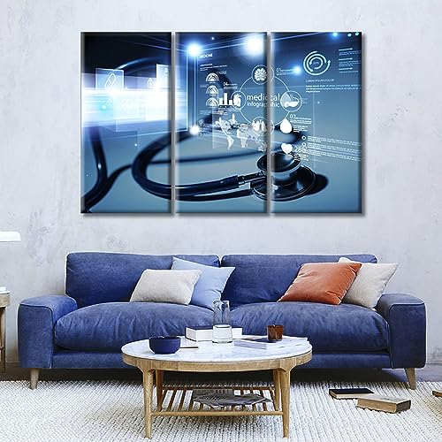 Image of Medical Instrument Wall Art 3 Panels Medical Stethoscope and Infographic Paintings for Wall Decorations Wall Pictures Posters Giclee Wooden Framed Gallery-Wrapped Ready to Hang (42 inch Wx28 H)