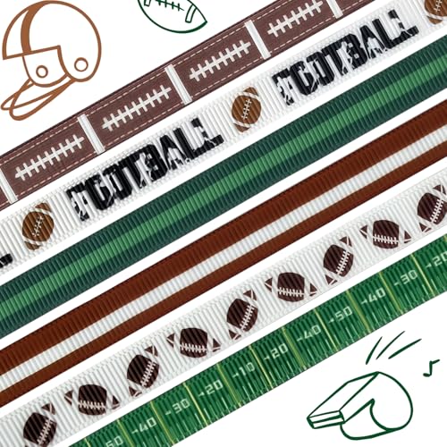 6 Rolls Football Ribbons 3/8 Inch Green Brown Rugby Ball Game Sport Grosgrain Ribbon for Gift Wrapping Party Decor Supplies DIY Craft Making Cheer Bow Hair Accessories 4 Yds Per Roll Total 72 Fts