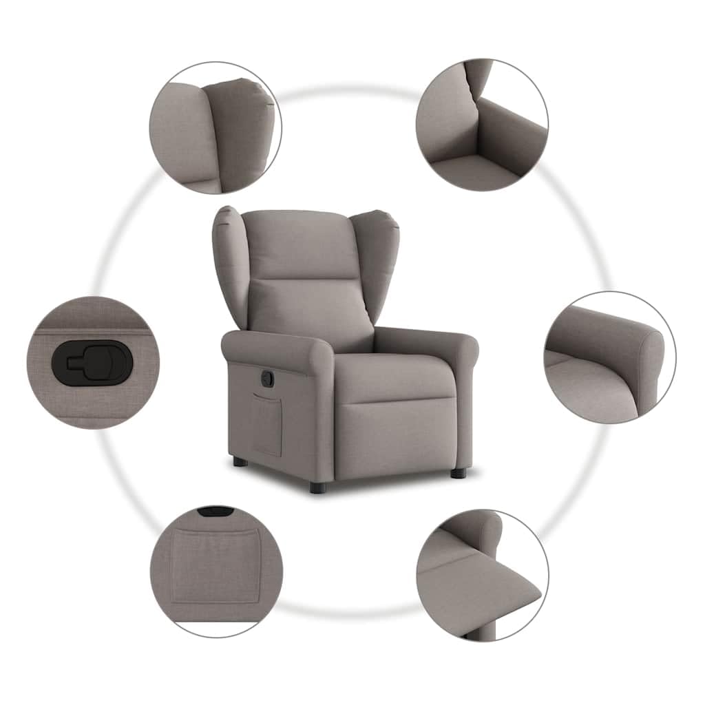 Fotel relaksacyjny z tkaniny taupe, regulowany ręcznie, nachylenie 135°, maksymalne obciążenie 110 kg, wygodny fotel wypoczynkowy, do salonu, sypialni, fotela do czytania