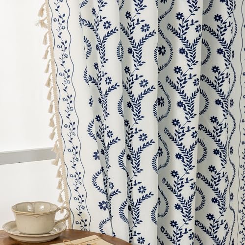 Image of Boho Curtains 84 Inch Long for Living Room, Bedroom, 2 Panels Floral Farmhouse Vintage Tassel Semi Sheer Light Filtering Privacy Window Curtain Drapes with Rod Pocket, Navy