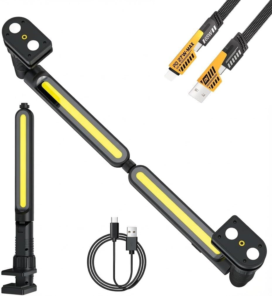 Pack de 2 Linternas LED de Trabajo para Capó de Coche, 3000 lm, 5200 mAh, USB-C, Magnéticas, 2 en 1, Rotación 360°, Ganchos y Pinzas, Luz para Taller Mecánico, Negro