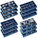 Junkin 12 Pcs Jewelry Tray Velvet Stackable Jewelry Organizer Trays Divided Earring Accessories Storage Containers Box(Peacock Blue)
