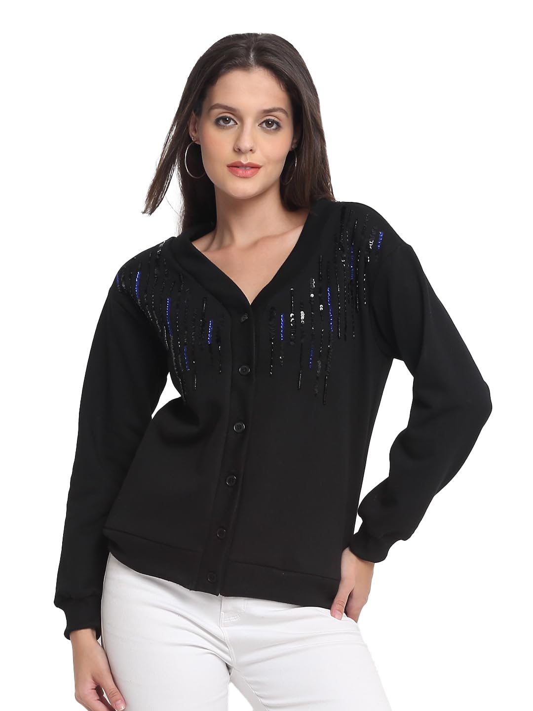 shaye V-Neck Black Embroidered Long Sleeves Casual Cardigan for Women-picture-17