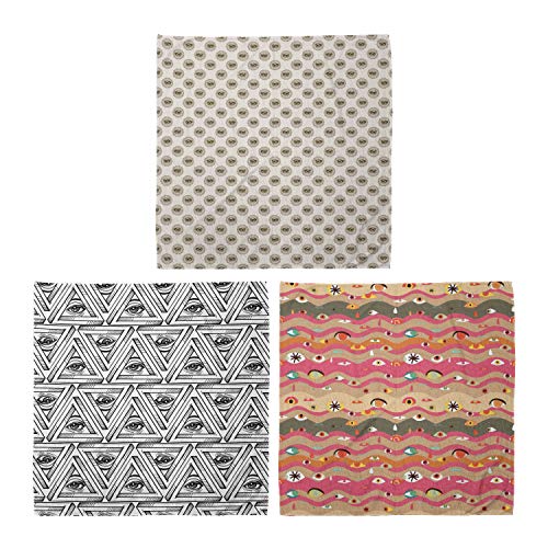 ABAKUHAUS Pack de 3 Bandanas Unisex, Bohemia Vintage ojos curiosos Todo el ojo piramidal Líneas onduladas maravilloso del Hippie, Multicolor