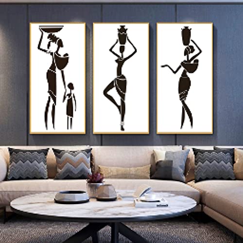 Toile abstrait noir femmes peinture mur art triptyque salon décoration maison 70x140cm