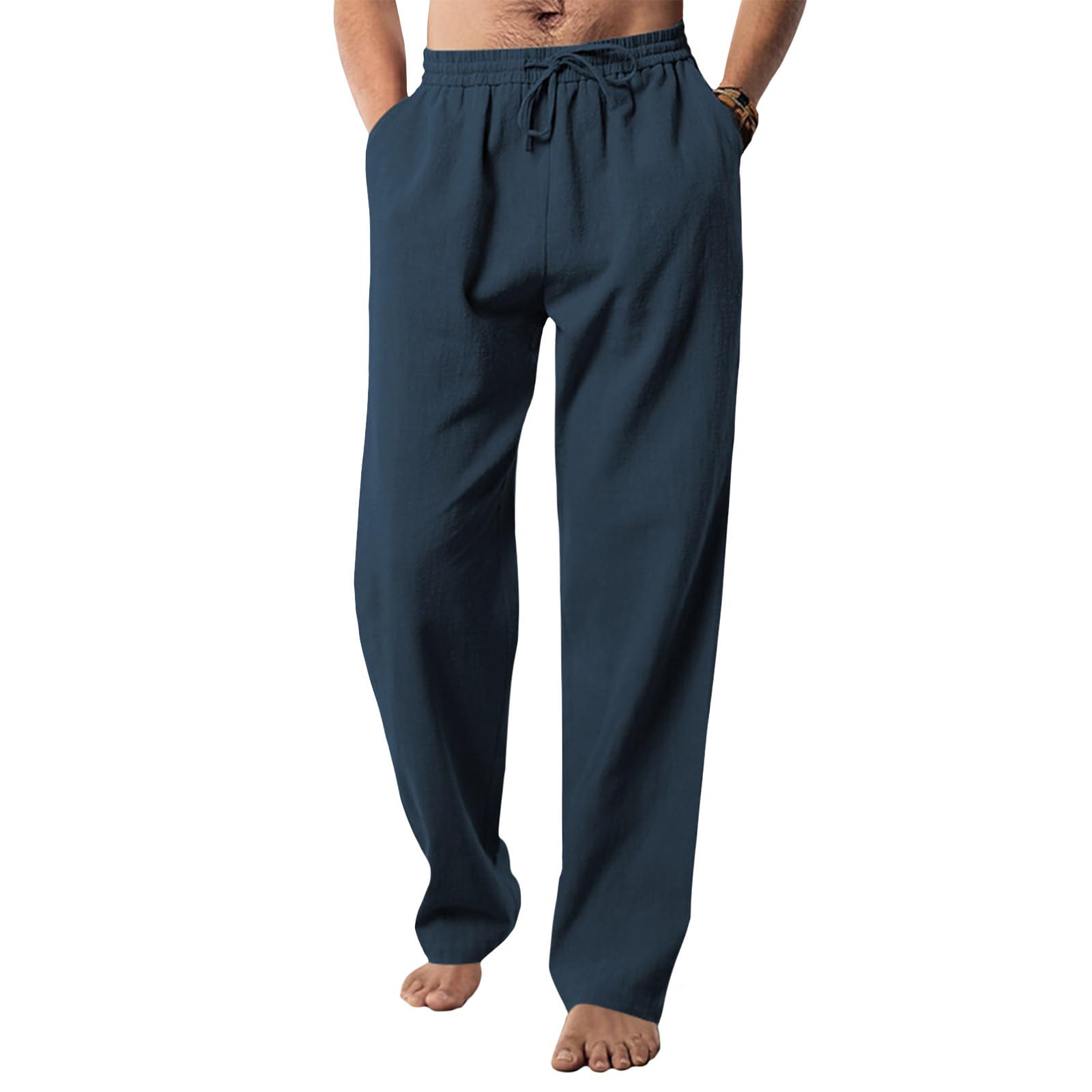 High Waist Beach Pants for Men Lightweight Flowy Solid Color Linen Pant with Pocket Elastic Waist Yoga Trouser