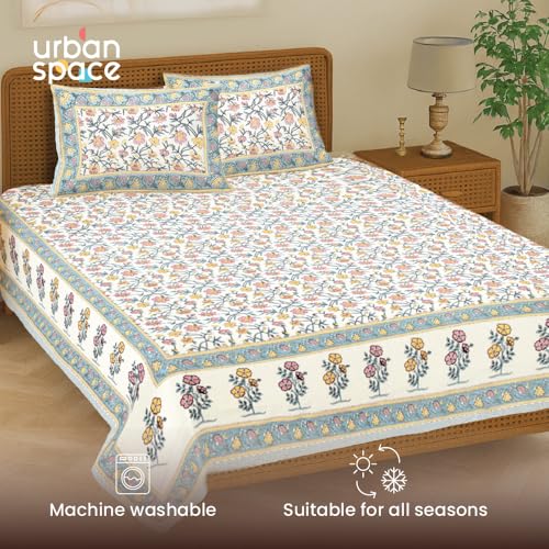 Image of Urban Space 100% Cotton Jaipuri Handblock Printed King Size Bedsheet with 2 Pillow Covers, 200 TC Cotton King Bedsheet (105 x 105 Inches, Jagmandir Blue)