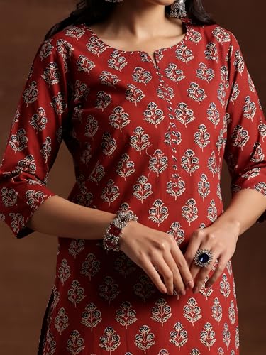 Image of Libas Womens Printed Cotton Straight Kurta with Trousers and Dupatta Suit