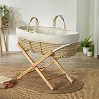 Kinder Valley White Knitted Moses Basket with Natural Folding Stand, Fibre Mattress & Padded Liner