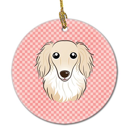 Teckel De Pelo Largo Color Crema Y Color Rosa con Cuadros Decoración Adornos De Navidad Adornos Navideños Cerámica Decoración De Árbol De Adornos con Cuerda