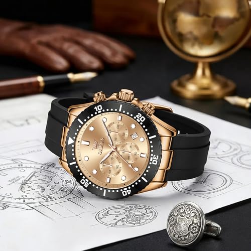 Image of OLEVS Men's Watches Sport Chronograph Analog Quartz Watch for Men with Date Waterproof Dress Casual Fashion Watch Soft Silicone Rubber Strap Band, Unidirectional Bezel & 42mm Big Face