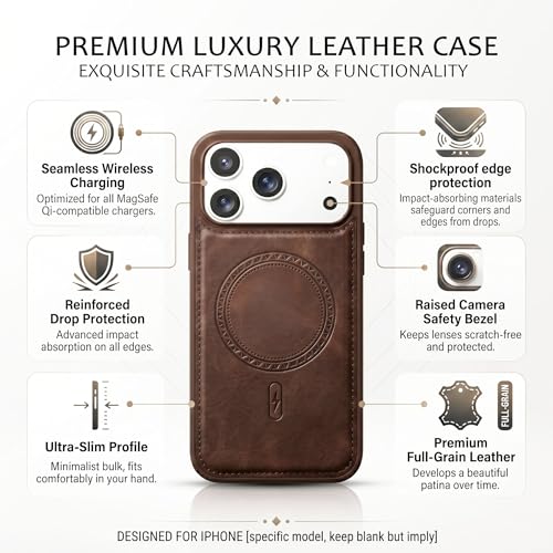 Image of amazon basics Premium PU Leather Case for iPhone 17 Pro, MagSafe Compatible Magnetic Ring, Sleek Protective Back Cover - [Brown]