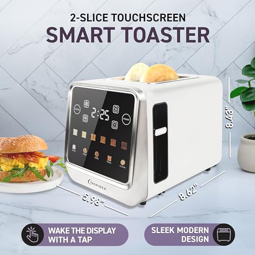 Image of Inspirex Touch Screen Toaster - 2 Extra Wide Slots - 5 Bread Types and 6 Browning Levels - Defrost, Reheat, Favorite, & Single Slot Modes - For Toast, Bagels, & Waffles - White