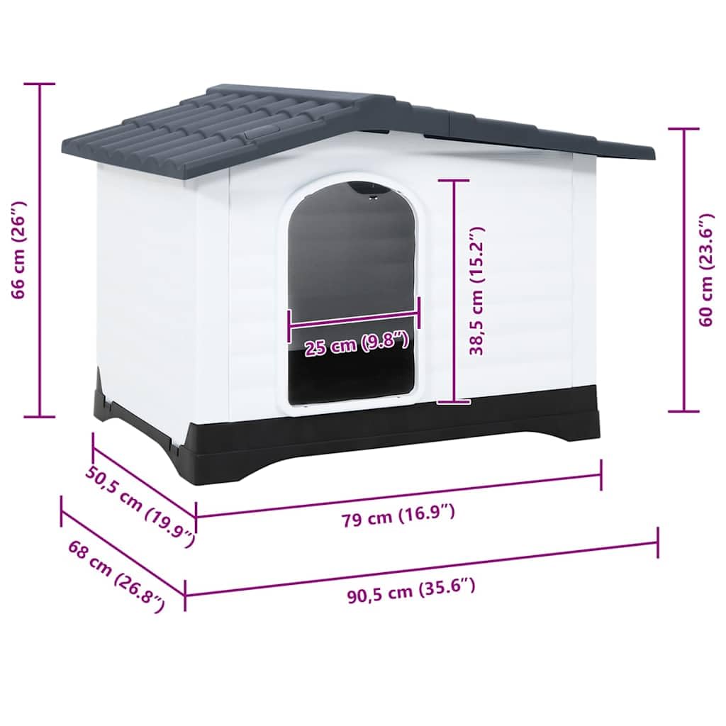 Robusta cuccia per cani grigia in polipropilene resistente, 90,5 x 68 x 66 cm, con buona ventilazione e pratico tetto a punta per protezione da pioggia e sole