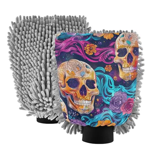 IOACIY Absorbent Microfiber Car Wash Drying Mitts, 2 Pack, Scratch-Free & Lint-Free, Rich Foam, Highly Absorbent, Double Sided, Wash Mitt Perfect for Car Washing, M, Skull (4)