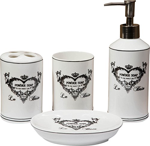 BISCOTTINI Set bagno porta sapone e spazzolini in porcellana 4 pz | Servizio da bagno accessori lavabo | Accessori completo bianco decorato | Dispenser sapone