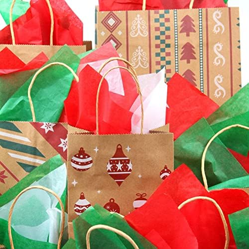 LATERN 24Pcs Christmas Bags Gift Bags, 26 x 22 x 14CM Kraft Paper Bags Christmas Theme Goody Bags Xmas Party Bags Candy Paper Boxes with 30 Sheets Christmas Tissue Paper - 6 Patterns