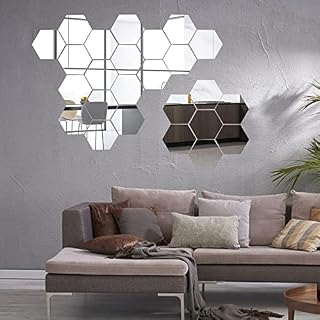 Gtwinsone 24Pcs Hexagon Mirror Wall Stickers Large Silver Acrylic Mirror DIY Decor Removable Plastic Mirrors Tiles Wall Art Decals Accessories for Living Room Bathroom Bedroom Home