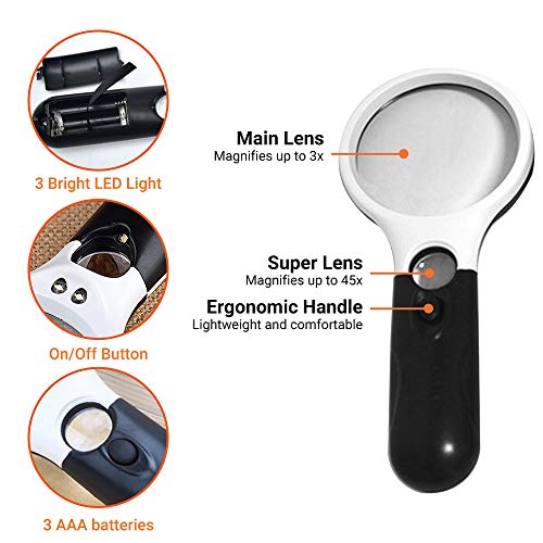Lupa portátil com 3 lupa iluminada com LED 3 Lente de microscópio 45X Lupa de relógio de joias Lupa