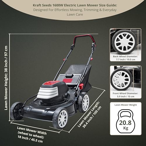 Image of Kraft Seeds 1600W Electric Lawn Mower with 16 Inch Blade (Steel Body) | Grass Cutting Machine with 50L Grass Catcher Box & Adjustable Height (7-Settings, 25mm to 80mm) for Garden, Yard, and Farm (Red)