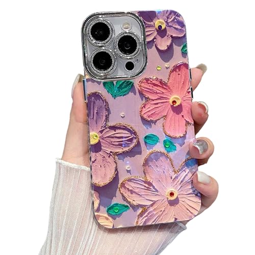 Image of Elzzi Compatible with iPhone 16 Pro Max Case Oil Painting Flower Colorful with Len Prtotection Shockproof PC+TPU Glossy Back Cover for Girls Women, Pink & Purple