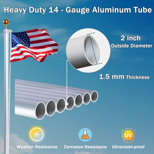 NQ 20FT Flag Pole in Ground for Outside House, 14-Guage Aluminum Flag Pole Kit, Heavy Duty Sectional Flagpole for Outdoor with 3x5FT Flag (Silver) by NQ - Image 3