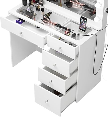 Miniatura 5 de Boahaus Alana - Escritorio de maquillaje blanco con espejo y luces, pomos de bola de cristal, 5 cajones para un amplio almacenamiento, parte