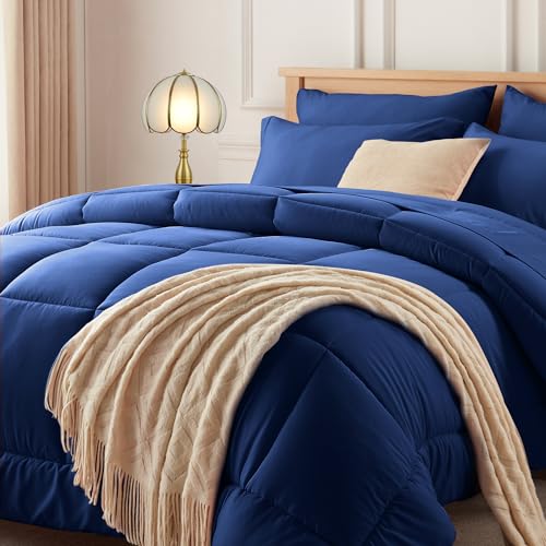 Newspin King Comforter Set Blue - Bed in a Bag King Size 7 Pieces, All Season Bed Set, Fluffy Comforter Set with Sheets, Sheet Set Quilt Blanket, Pillowcases & Shams