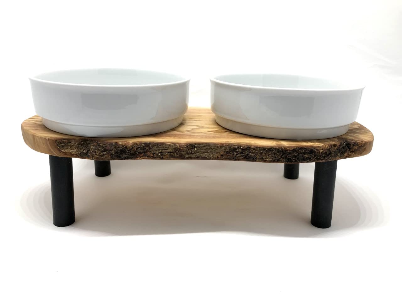 D.O.M. Rusty Plus karmnik (2 x miska porcelanowa 0,9 litra) z drewna oliwkowego, podnoszona na pokarm i wodę