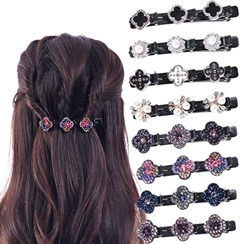 8Pcs Sparkling Crystal Stone Braided Hair Clips For Women, Duckbill Clip with 3 Small Hair Clips,3 Way Braided Hair Clip with Rhinestones For Women/Girls