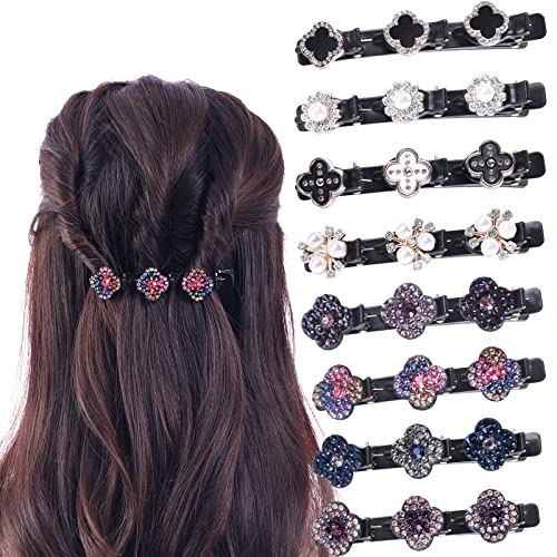 8Pcs Sparkling Crystal Stone Braided Hair Clips For Women, Duckbill Clip with 3 Small Hair Clips,3 Way Braided Hair Clip with Rhinestones For Women/Girls