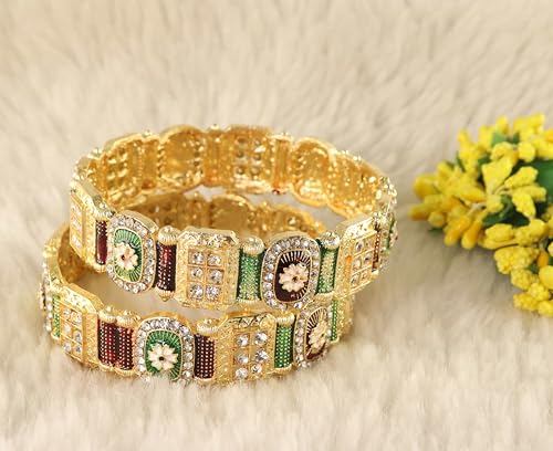 Image of NMII Royal Golden Metal Bangles Set For Women & Girls with Zircon Diamond Stone | Traditional Gold Plated Kangan Set | Fancy Women's Fashion Jewellery Bangles | Wedding, Party, Festive- Set of 2