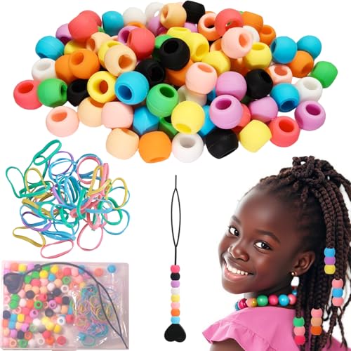 100pcs Silicone Hair Beads for Kids Girls, 5mm Silicone beads for hair with 50 Elastic Rubber Bands, 1 Plastic Quick Beader and 1 container, Soft beads for hair braids kids, Teens. (10 Colors)