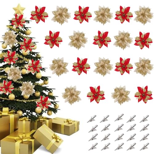 Fairblo 20 Piezas Flores Artificiales de Navidad Rojo y Oro con 20pcs Clip Adornos Arbol Navidad Purpurina Flores Artificiales Decoracion para Corona Bodas y Fiestas Decorativa
