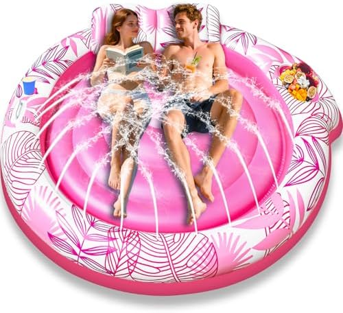 Inflatable Tanning Pool Lounger Float with Sprinkler, 72" x 47" Large Pool Floats Adults with Backrest & Drink Holder Blow Up Tanning Bed Lounger Pool Raft Floatie for Adults Water Party, Pink/Blue