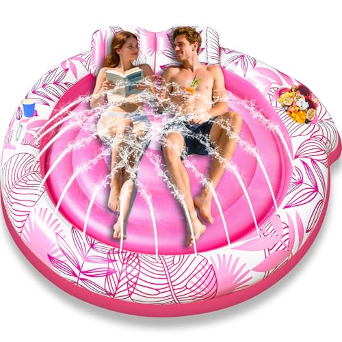 Inflatable Tanning Pool Lounger Float with Sprinkler, 72 x 47 Large Pool Floats Adults with Backrest & Drink Holder Blow Up Tanning Bed Lounger Pool Raft Floatie for Adults Water Party, Pink/Blue