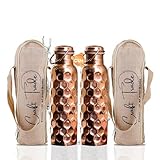 Paquete de 2 botellas de cobre puro martillado con tapa y bolsa de transporte, sin BPA, a prueba de fugas, que apoya la salud digestiva y hepática, inspirada en Ayurveda