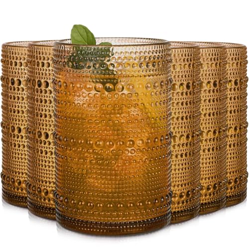 JPPSUJJ Amber Hobnail Drinking Glasses Set of 6,15 oz Vintage Highball...
