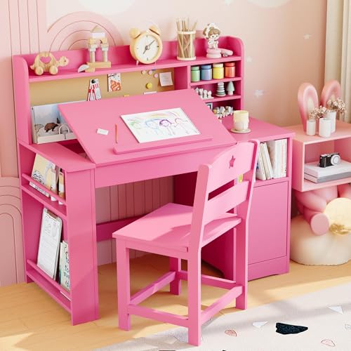 Garvee Table avec Chaise pour Enfant Ensemble 2 Pièces, Bureau d'étude avec Étagère et Plateau Inclinable, Table en Bois pour Enfants 3 à 8 Ans