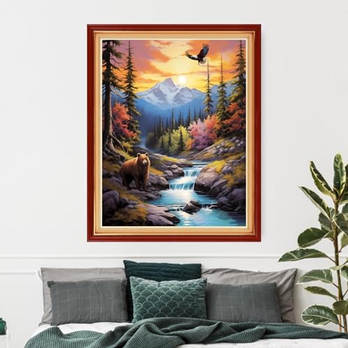Image of Funxvoot Stamped Cross Stitch Kits Beginners Full Range of Embroidery Kits for Adults 11CT Embroidery Patterns Needlepoint Kits Printed Cross Stitch Kits-Brown Bear Scenery 16x20 inch