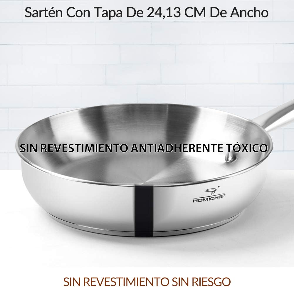 HOMICHEF Juego de utensilios de cocina de acero inoxidable sin níquel de 14 piezas - Ollas y sartenes sin níquel - Juego de utensilios de cocina no tóxicos - Batería de cocina de inducción saludable