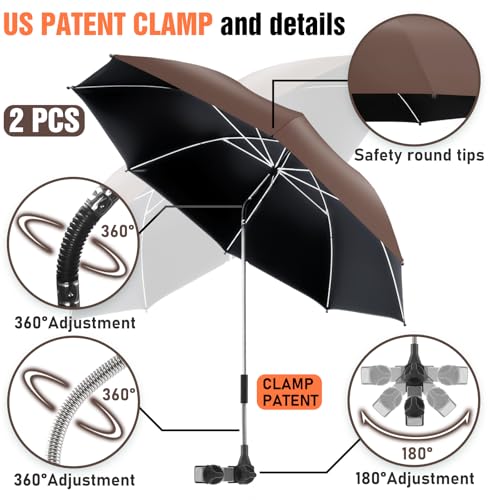 Image of 2 PACK Beach Umbrella with Clamp, 360 Adjustable Umbrellas for Chair, UPF50+ Umbrella for Beach Chair, Patio Chair, Wheelchair, Camping Chair, Golf Carts (Chair Not Included)