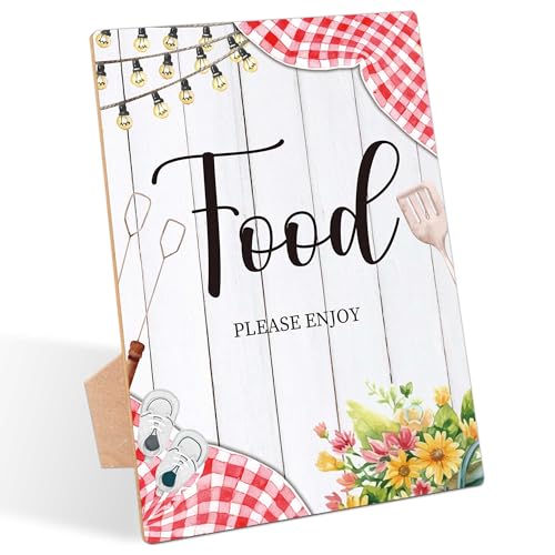 BBQ Baby Shower Table Sign, Food Please Enjoy Sign, Pack of 1 Wooden Tabletop Sign with Stand, Backyard Baby Shower Supplies, Gender Reveal Party Decorations - RG39