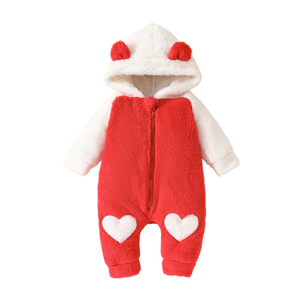 Surakey Baby Fleece Jumpsuits Infant Bear Ear Snowsuit Newborn Hooded Romper Warm Coat Fleece Lined Onesie Outfits Red 9-12 Months