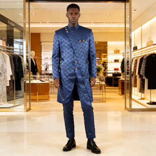 OAQAO African Clothes for Men Dashiki Slim Fit Jacket and Trousers Set Formal Attire for Wedding XX-Large Dark Blue by OAQAO - Used condition - Image 3