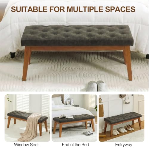 Image of 43.5 inch Padded Button Tufted Faux Leather End of Bed Bench, Charcoal Gray | Padded upholstered bench with solid wood legs, ideal for entryway, dining room, bedroom, vanity area, or living room.