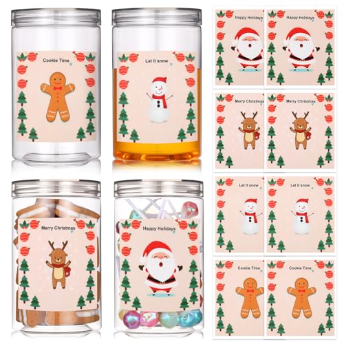 FoldTier 4 Sets Christmas Plastic Candy Jar Clear Cookie Containers with Lids Storage Jar Cookie Tins Snacks Treats Containers for Xmas Home Countertop Kitchen Decorative Winter Party Supply