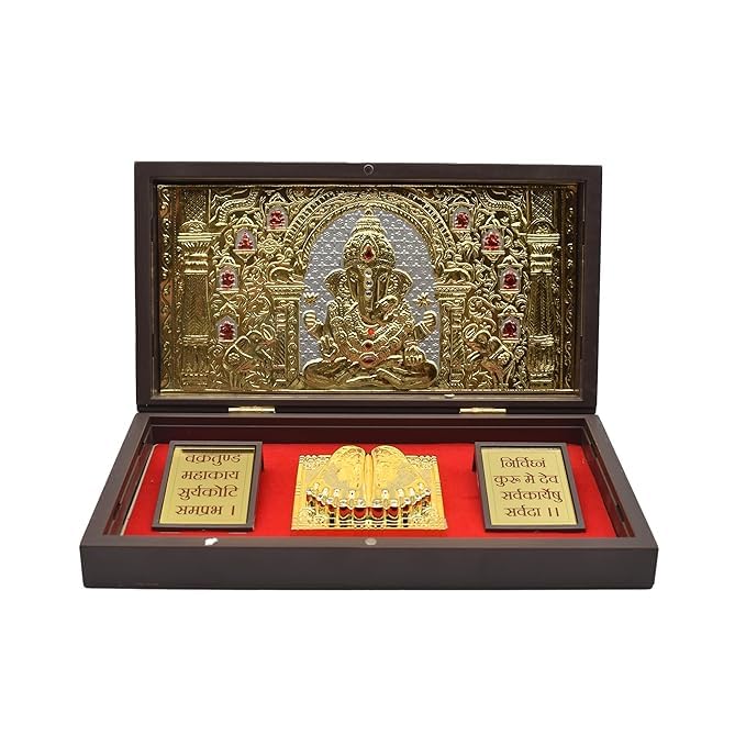 Image of 24K Gold Plated Religious Frame Rectangular Photo Frame Tabletop with Charan Paduka Return Gifts for Home Puja Office (GANESH JI), 8.25 x 4.5 Inch
