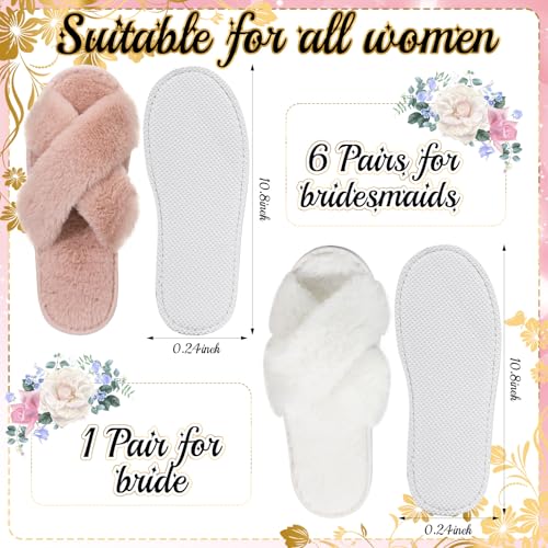 Image of JenPen 7 Pairs Bridesmaids Slippers Women's Cross Band Fuzzy Bachelorette Party Slippers for Wedding Bridal Party
