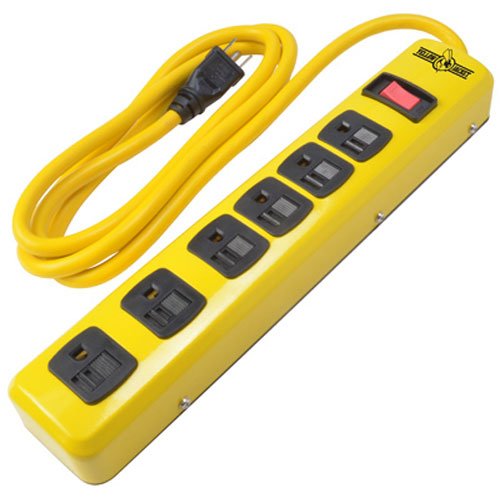 Yellow Jacket 5139N 14/3 6-Outlet Heavy Duty Industrial Metal Workshop Strip with 6-Foot Power Cord, Sliding Safety Covers and Overload Protection
